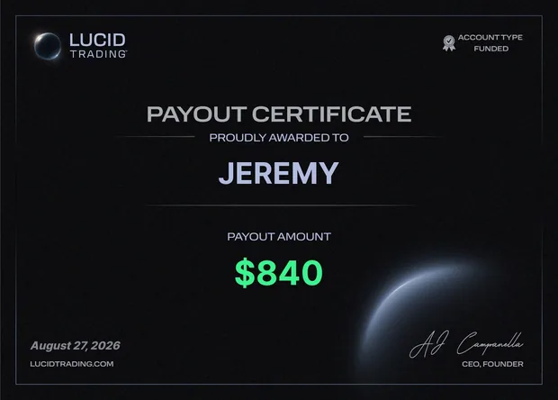 Payout certificate for $840 from Lucid Trading, dated 27 August 2026